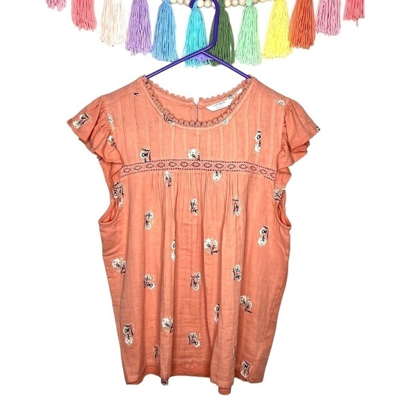 Lucky Brand Pink Crochet Floral Top Pleated Bodice Flutter Sleeve Size Large - Picture 3 of 17